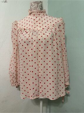 G The Goop Cream Polka Dot Long-Sleeve Blouse Red Dots size 4 silk mock neck